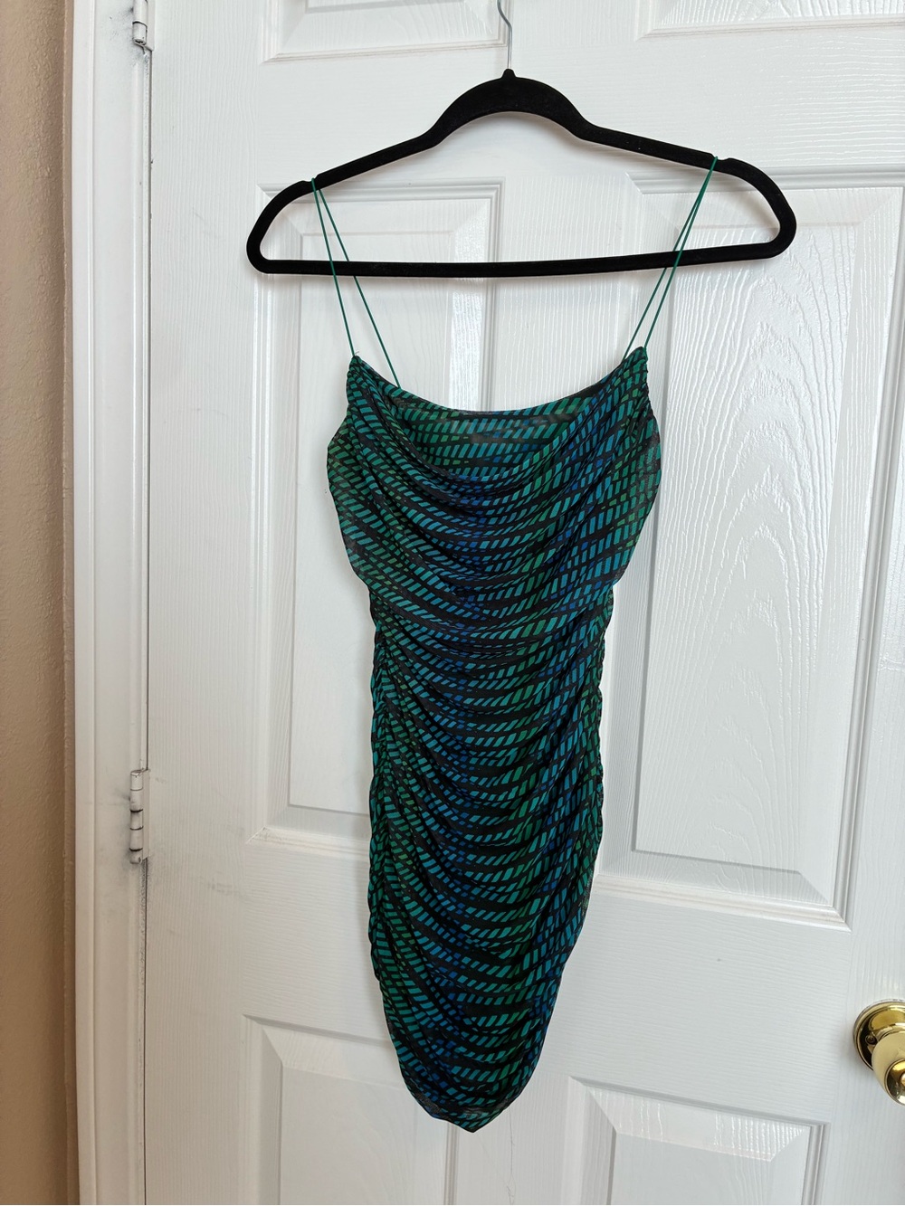 Green & Blue Ruched Slip Dress with Spaghetti Straps princess Polly